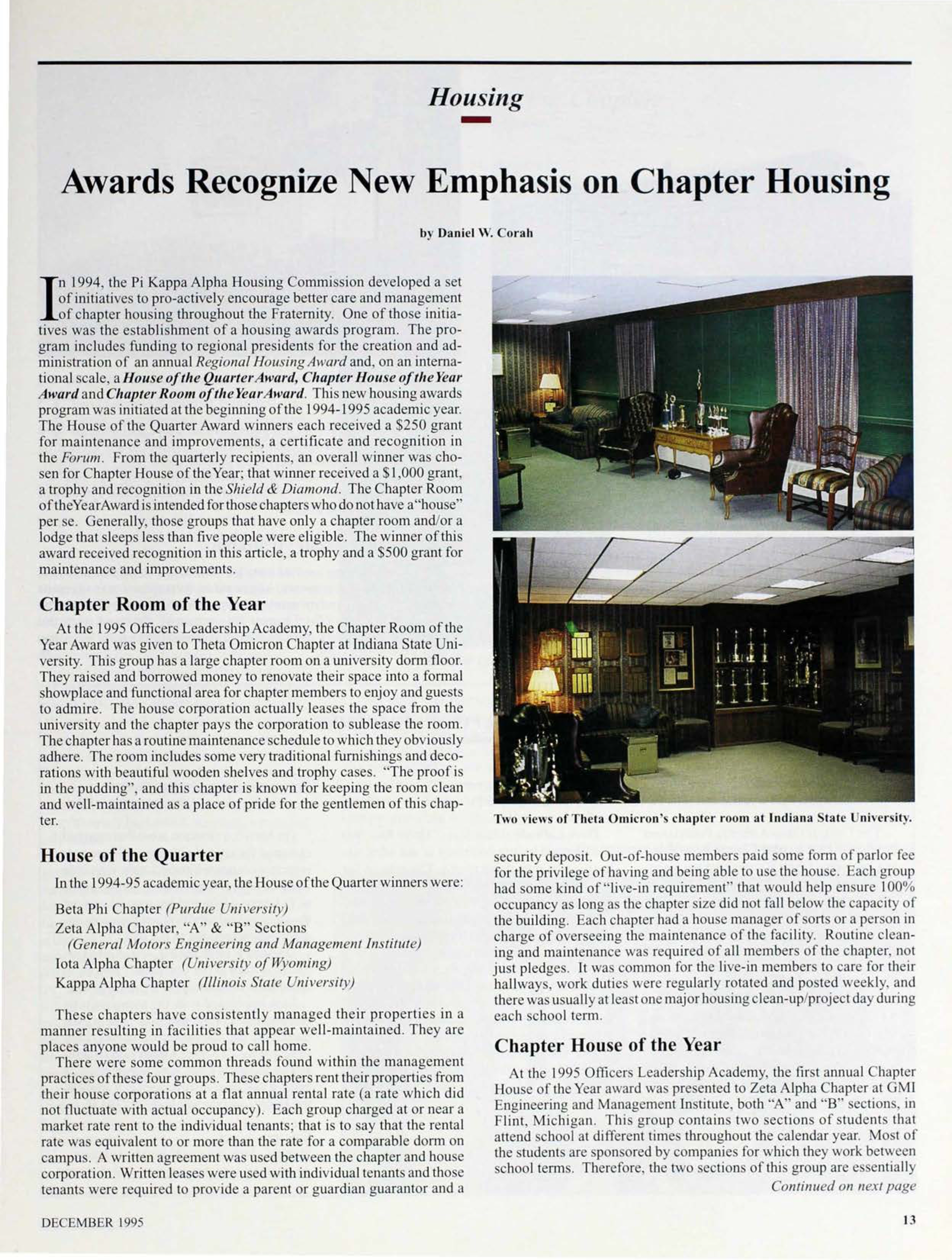 Housing: Awards Recognize New Emphasis on Chapter Housing